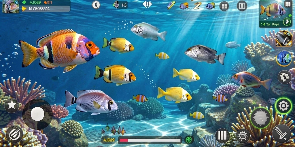 Tampilan gameplay AJO89 dengan berbagai jenis ikan untuk diburu.