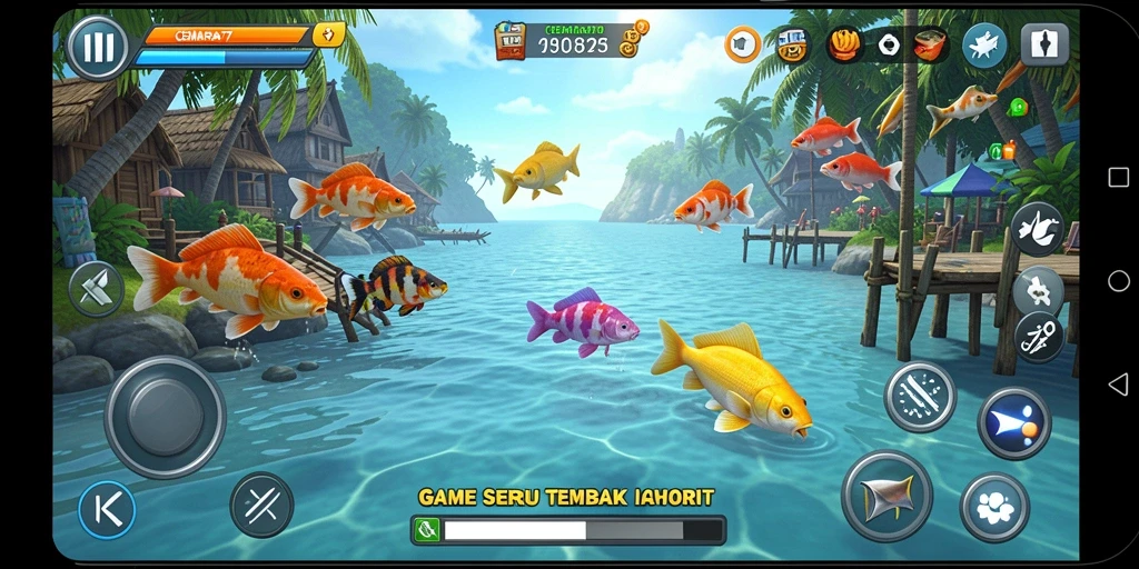 Tampilan gameplay CEMARA77 saat menembak ikan di bawah laut.