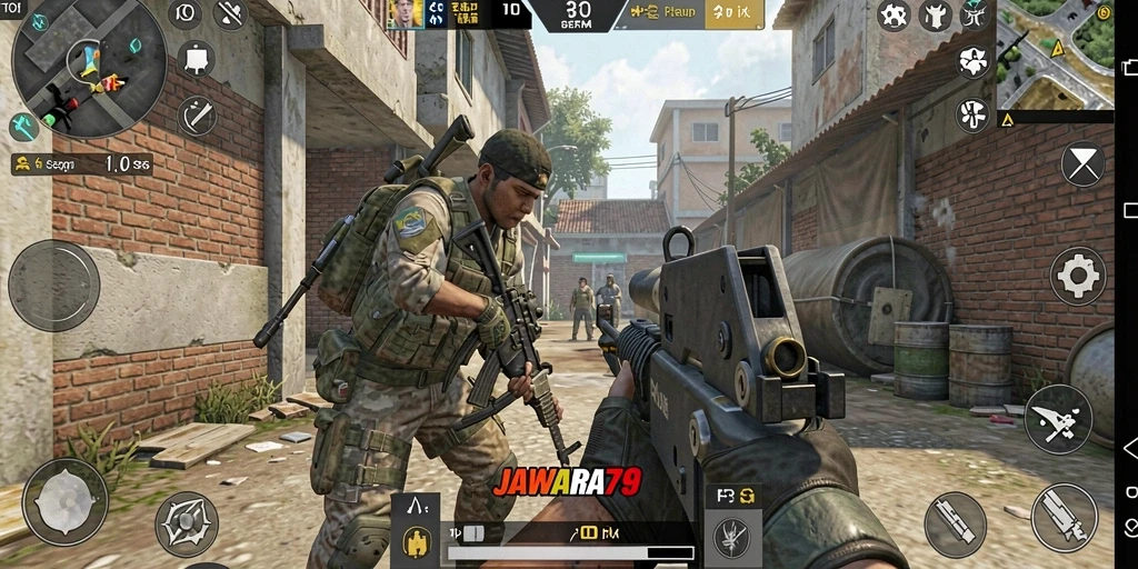 Tampilan gameplay JAWARA79 dengan aksi tembak-menembak yang intens.