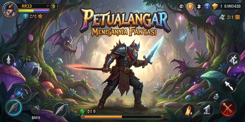 Screenshot gameplay RR33 dengan karakter menjelajahi dunia fantasi.