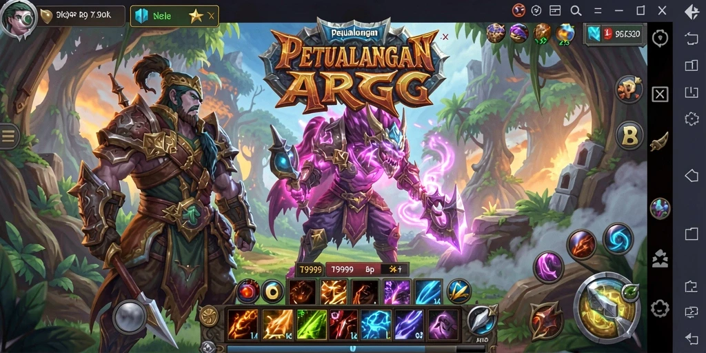 Screenshot permainan T9999 menampilkan pertarungan epik dalam dunia ARPG.
