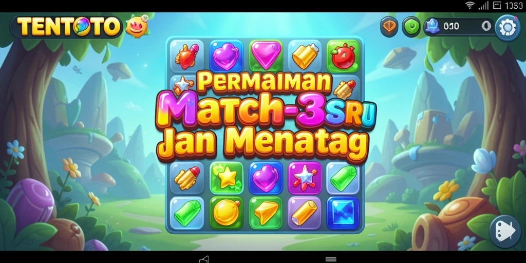 Screenshot TENTOTO menampilkan gameplay Match-3 yang menarik dan penuh warna.