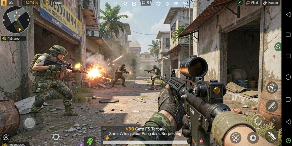Gameplay menembak mendebarkan di V98 dengan grafis yang memukau.
