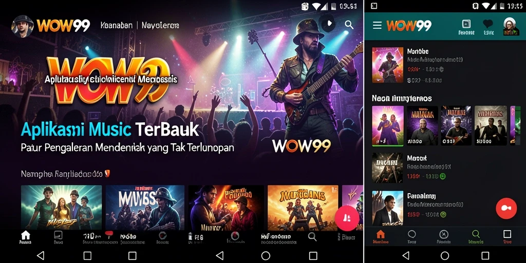 Screenshot WOW99 menampilkan antarmuka pengguna yang menarik dengan berbagai genre musik.